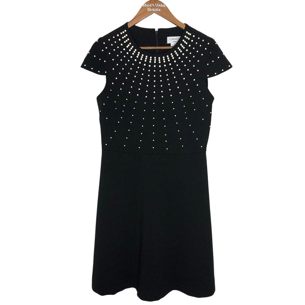 Carmen Marc Valvo Black Embellished Cap Sleeve Fit Flare Dress Size 8